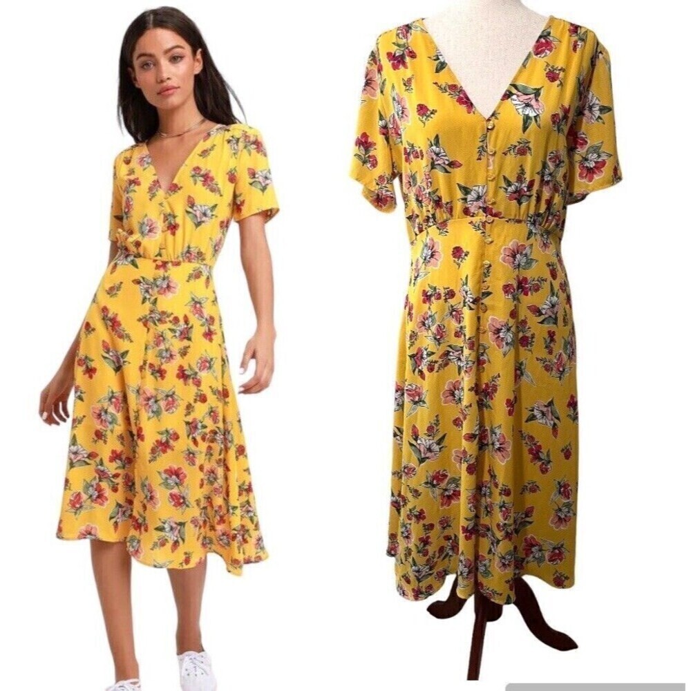 Lulus Button Front Midi Dress Women Large Short Sleeve Yellow Floral